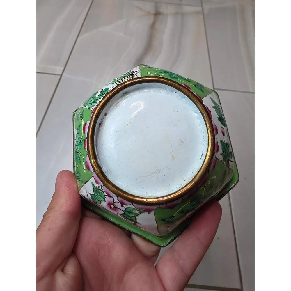 Vintage Chinese Cloisene Enamel Hexagonal Bowl Green Floral‎ Bird 4.25